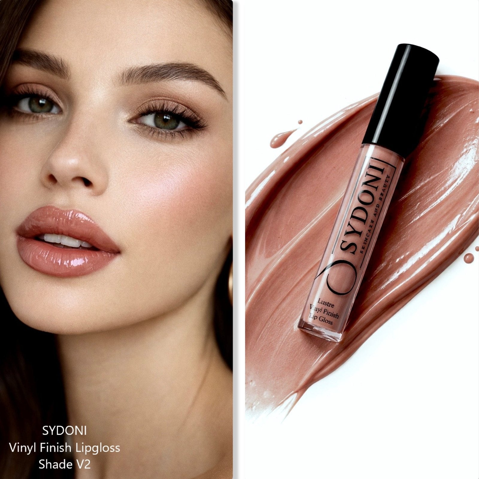 Sydoni Vinyl Finish Lipgloss with a close-up of a woman's lips wearing the product.